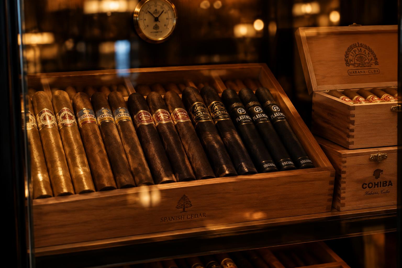 Rows of cigars, golden claro to deep maduro, seen through the humidor cabinet glass in warm amber light