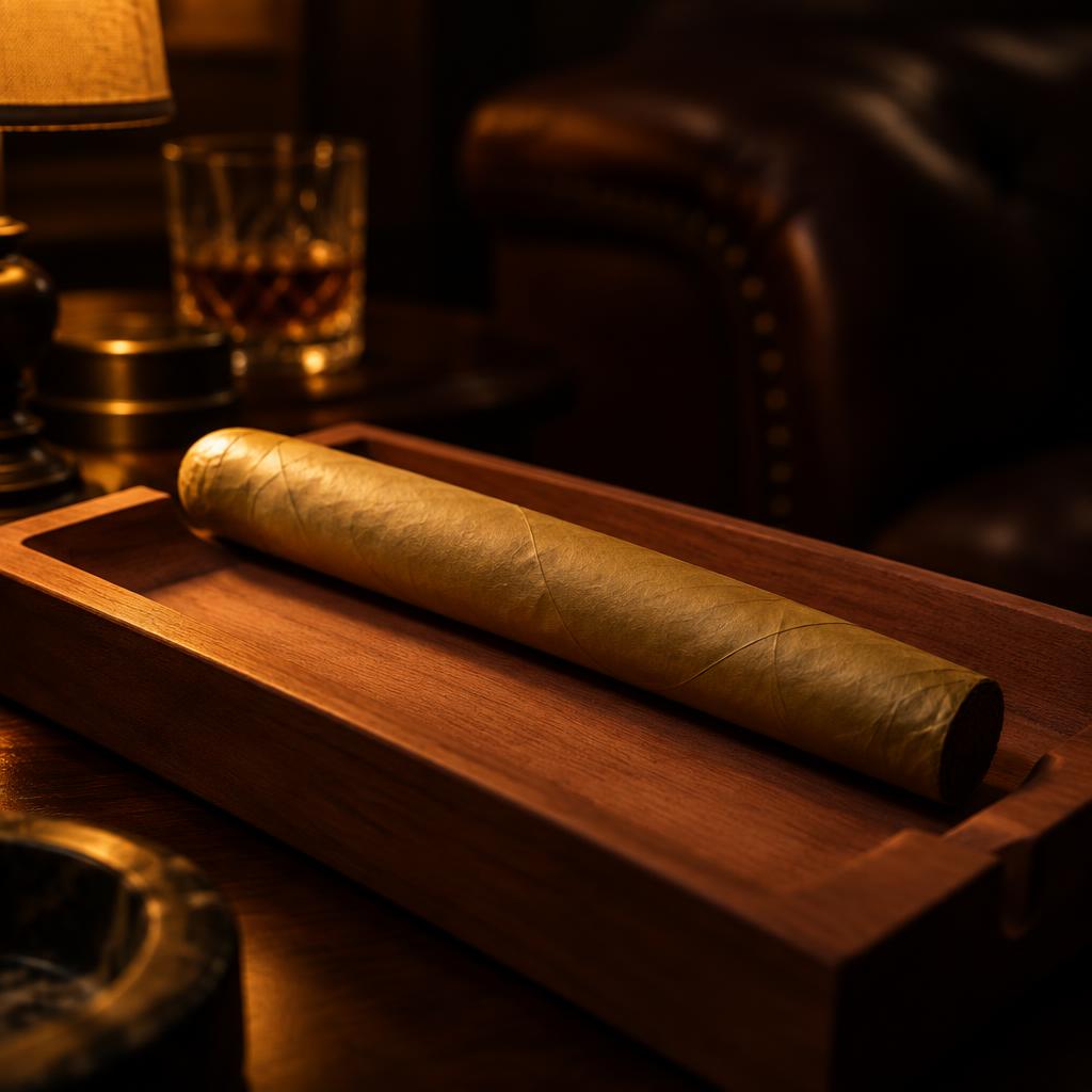 A pale-wrapped cigar resting on a cedar tray under warm amber light